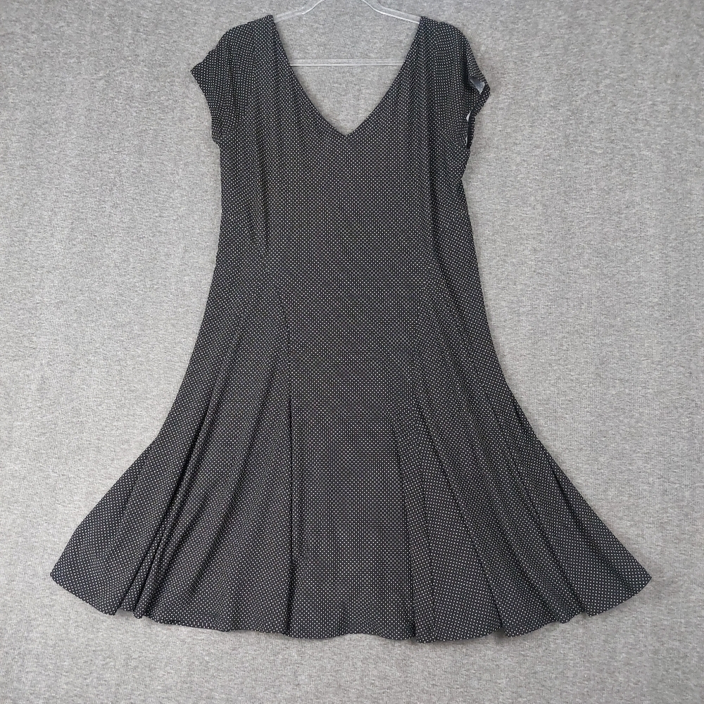 LAUREN RALPH LAUREN WOMENS BLACK WHITE POLKA-DOT SHORT SLEEVE V-NECK DRESS SZ L